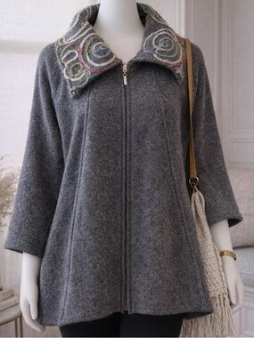 For Cynthia Dark Gray Wool Blend Open Front Coat, L